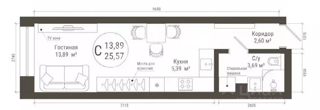 Студия Башкортостан, Уфа ул. Менделеева, 137 (25.57 м) - Фото 1