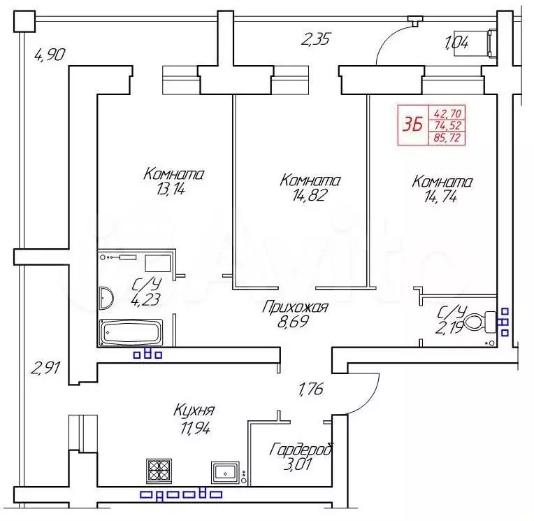 3-к. квартира, 85,7 м, 4/8 эт. - Фото 0