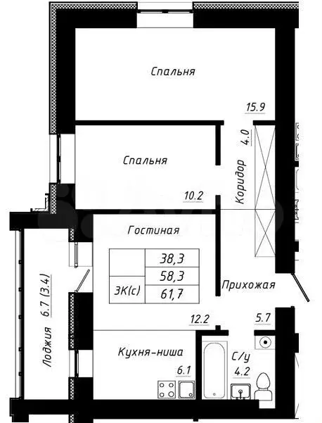 3-к. квартира, 61,7 м, 3/10 эт. - Фото 1