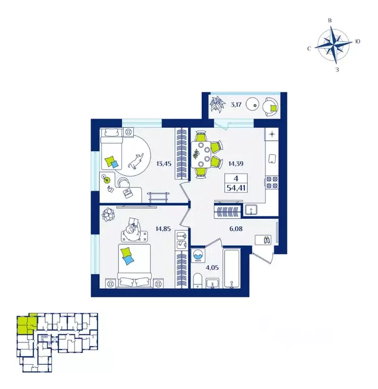 2-к кв. Калининградская область, Зеленоградск  (54.41 м) - Фото 1