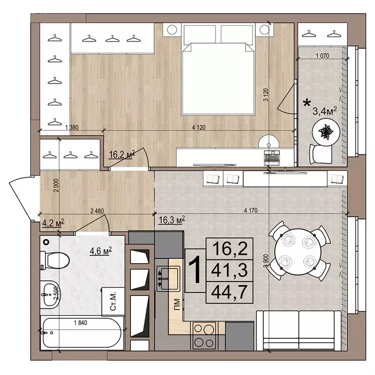 1-комнатная квартира: Жуковский, жилой комплекс Гранд Комфорт (44.7 м) - Фото 1