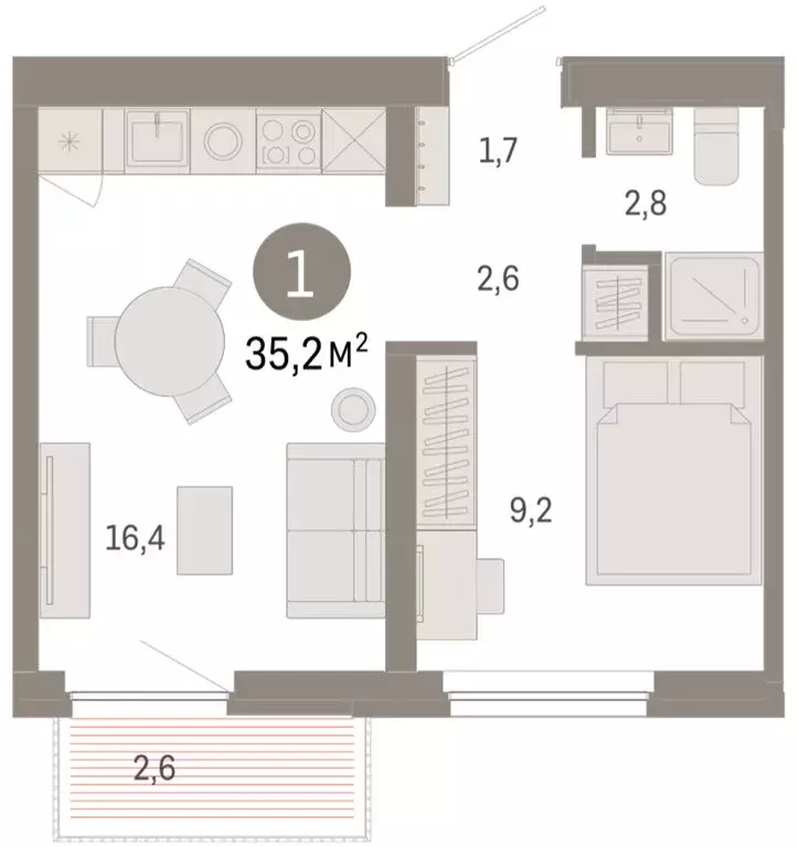1-комнатная квартира: Тюмень, Мысовская улица, 26к2 (35.23 м) - Фото 1