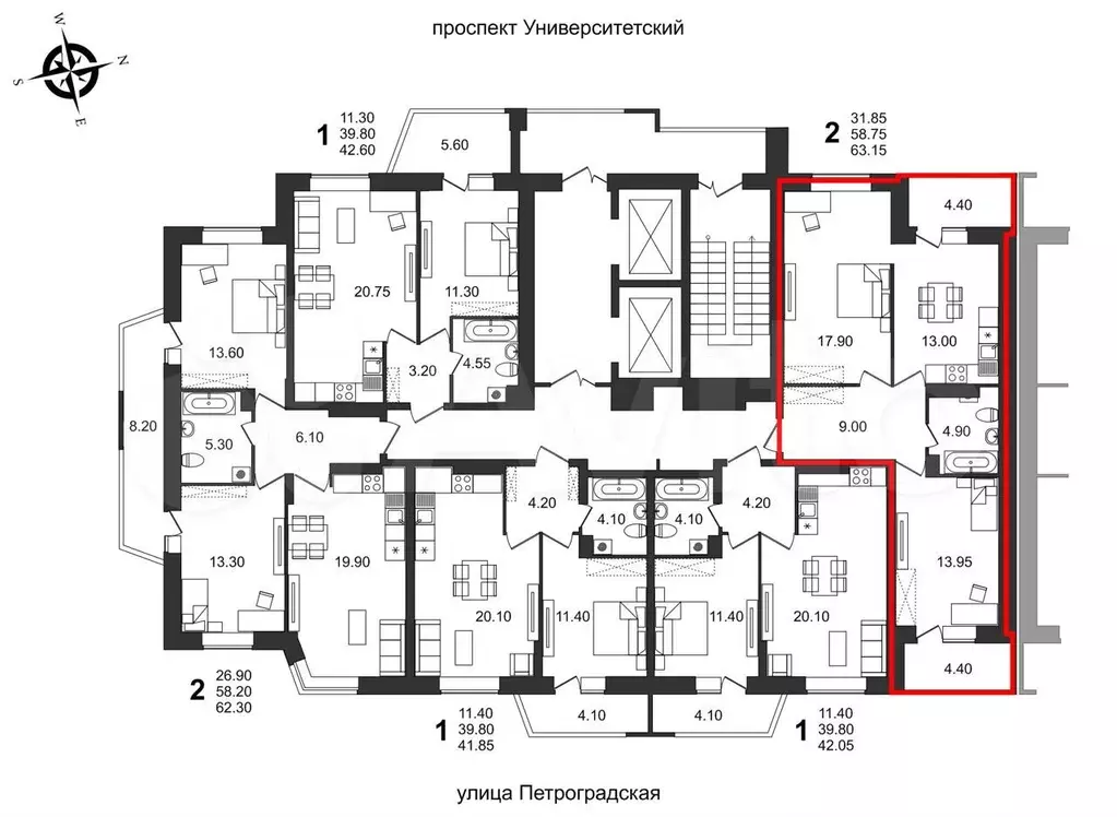 2-к. квартира, 63,2 м, 19/19 эт. - Фото 1