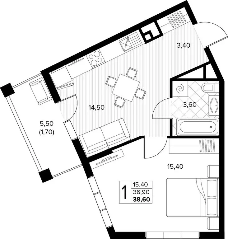 1-комнатная квартира: село Сукко, жилой комплекс Кипарис (38.6 м) - Фото 1