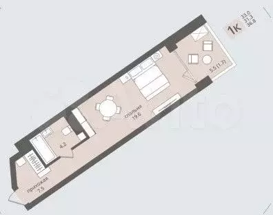 Апартаменты-студия, 36,8 м, 5/5 эт. - Фото 1