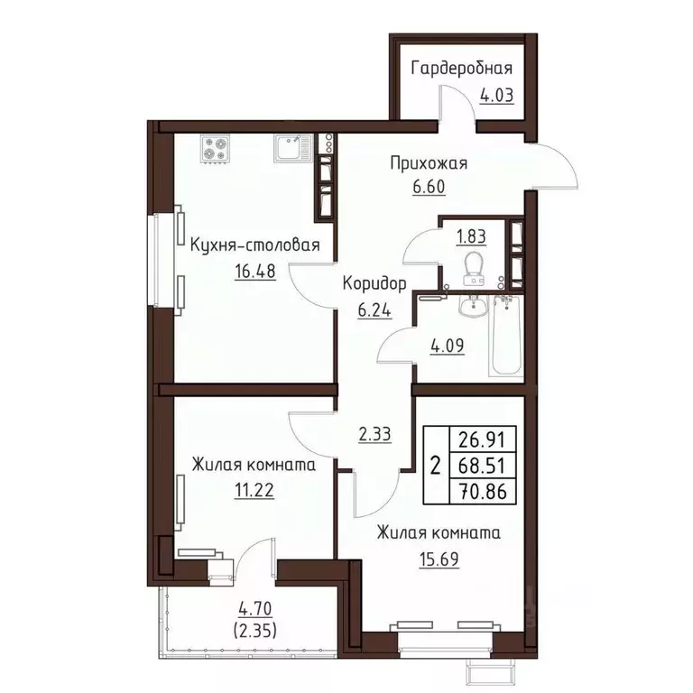 2-к кв. Орловская область, Орел ул. Левый Берег реки Оки, 21к1 (70.86 ... - Фото 1