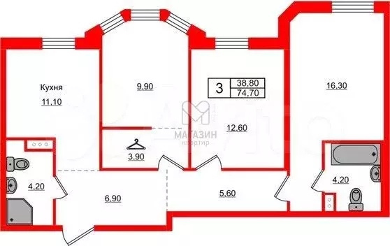 3-к. квартира, 75 м, 4/6 эт. - Фото 0