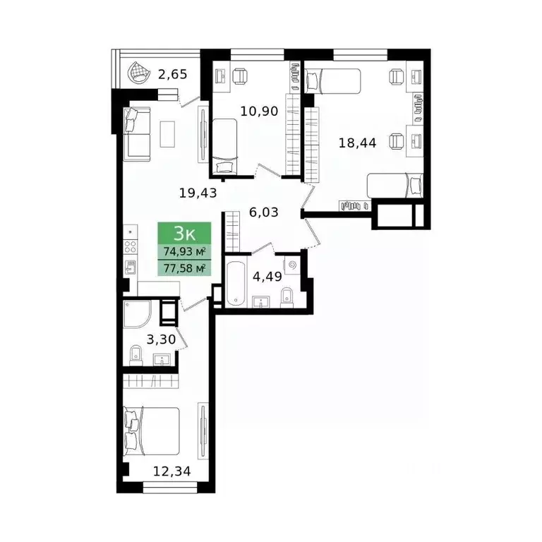 3-к кв. Курганская область, Курган просп. Конституции (77.58 м) - Фото 2