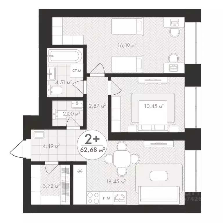 2-к кв. Башкортостан, Уфа Южный-2 мкр,  (62.68 м) - Фото 0