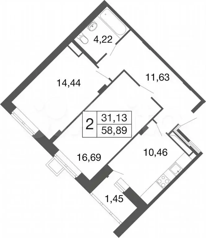 2-к. квартира, 58,9м, 8/9эт. - Фото 0