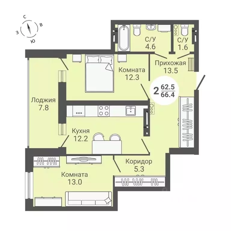 2-к кв. Новосибирская область, Новосибирск ул. Петухова, 172 (66.4 м) - Фото 1