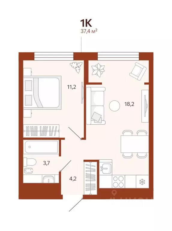 1-к кв. Тюменская область, Тюмень ул. Новаторов, 30 (37.4 м) - Фото 1