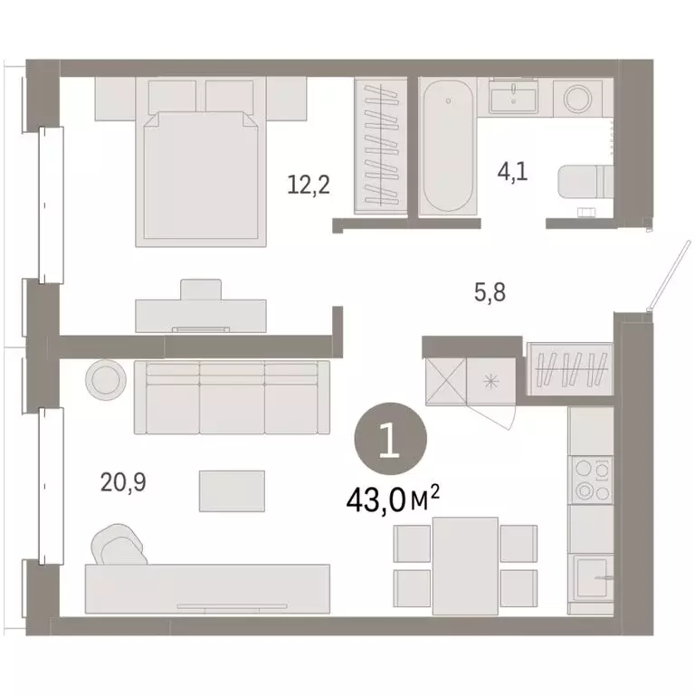 1-комнатная квартира: Тюмень, жилой комплекс На Минской (42.98 м) - Фото 1