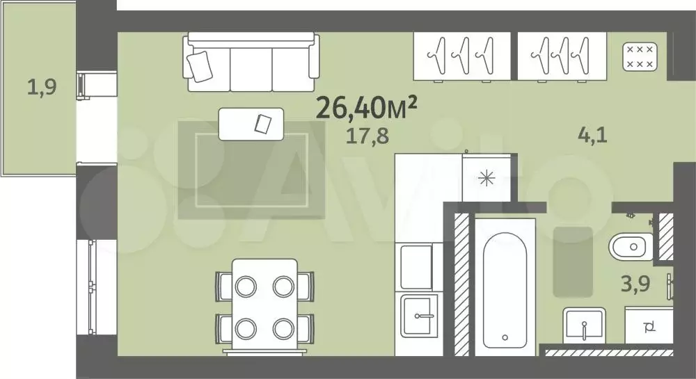 Квартира-студия, 26,4 м, 6/8 эт. - Фото 0