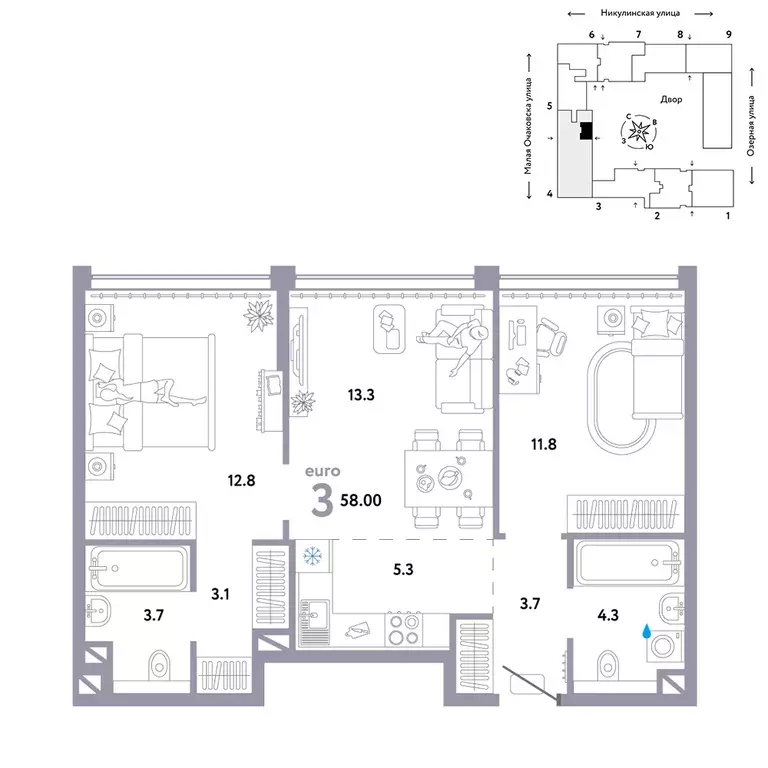 3-к квартира, 58 м - Фото 0