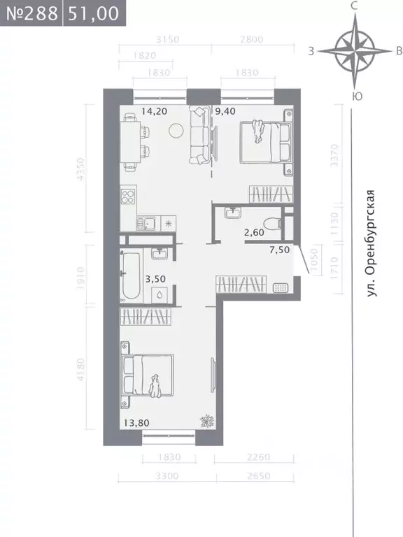 2-к кв. Татарстан, Казань ул. Шишкина (51.0 м) - Фото 1