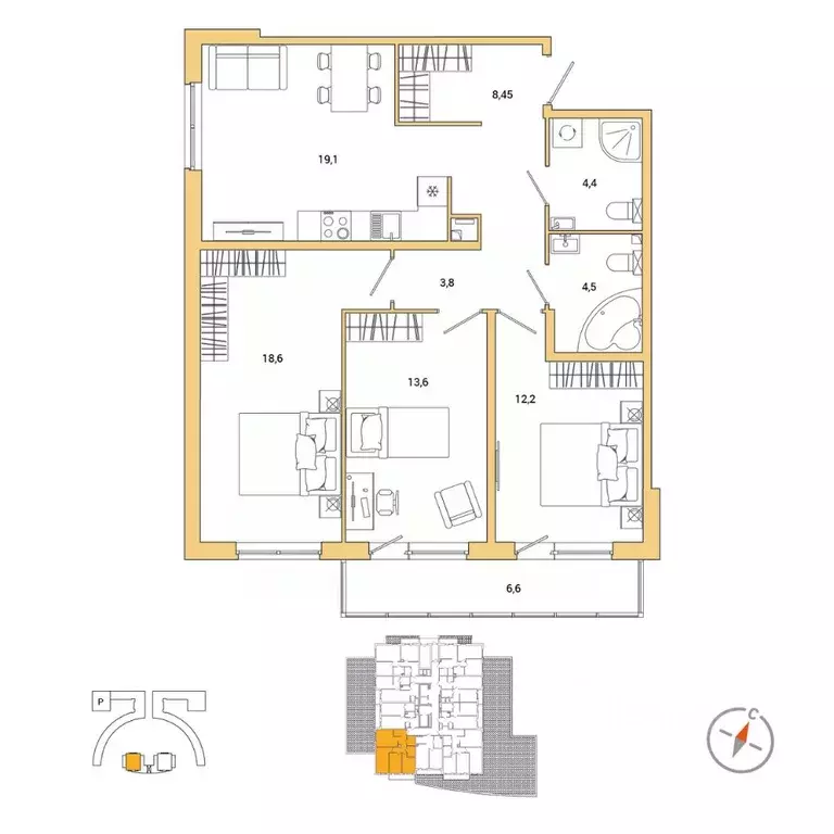 3-к кв. Санкт-Петербург наб. Реки Каменки, 11к1 (86.63 м) - Фото 0