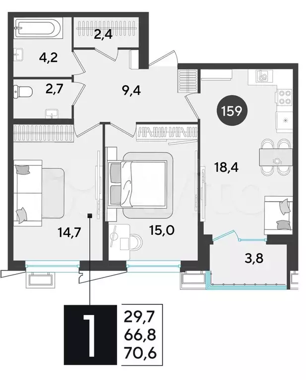 2-к. квартира, 70,6 м, 2/9 эт. - Фото 0