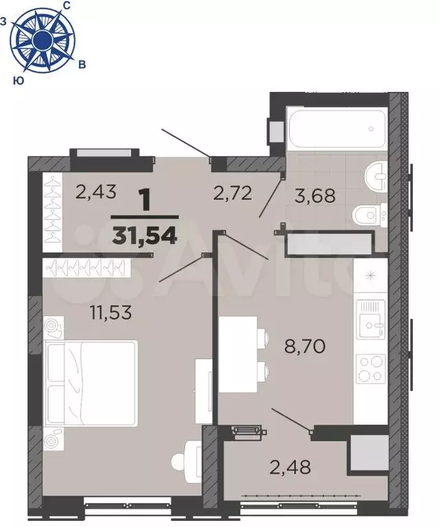 1-к. квартира, 31,5 м, 12/25 эт. - Фото 1