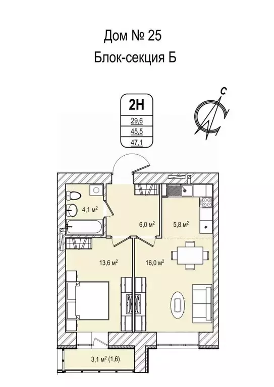 2-к кв. Кемеровская область, Кемерово просп. Восточный, 33 (47.7 м) - Фото 1