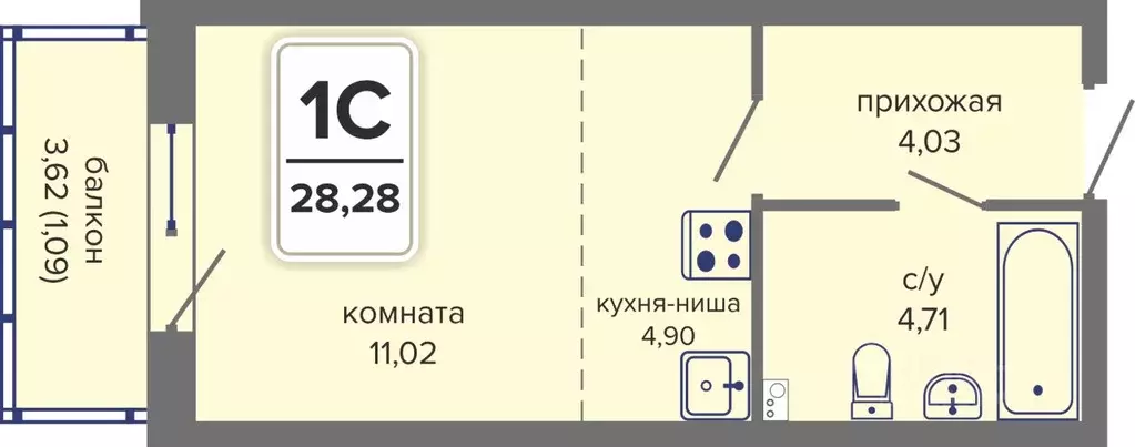 Студия Пермский край, Пермь Гайва мкр,  (28.28 м) - Фото 0