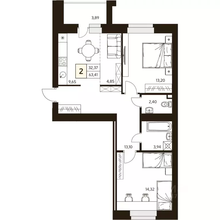 2-к кв. Башкортостан, Уфа ул. Жуковского, 19А (63.41 м) - Фото 0