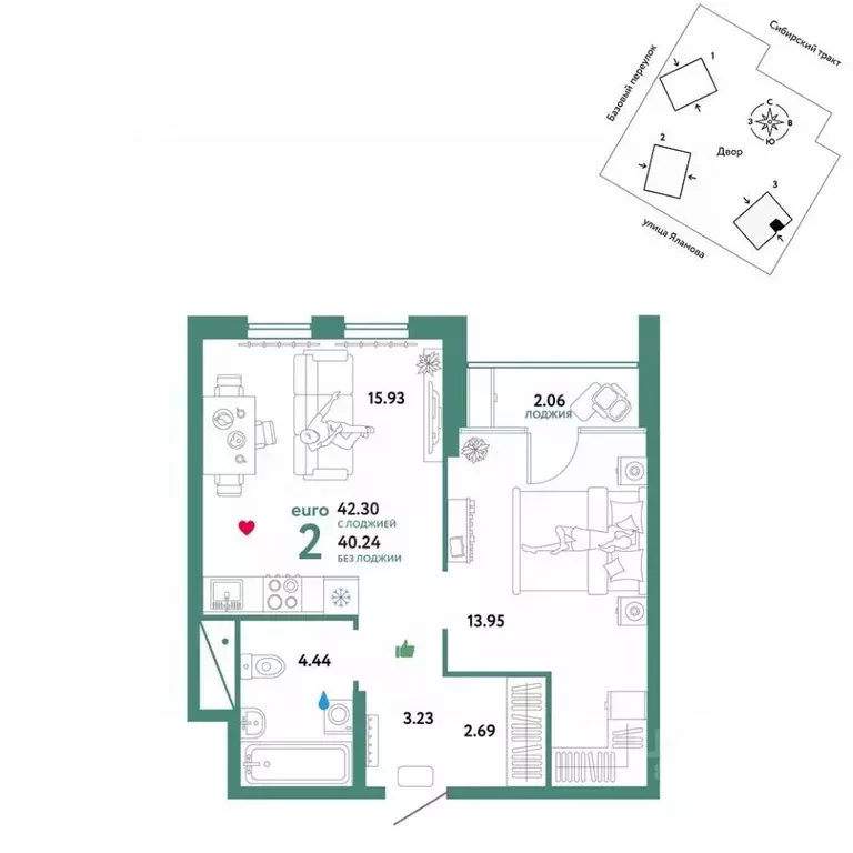 2-к кв. Свердловская область, Екатеринбург тракт Сибирский, 24Д (42.3 ... - Фото 1