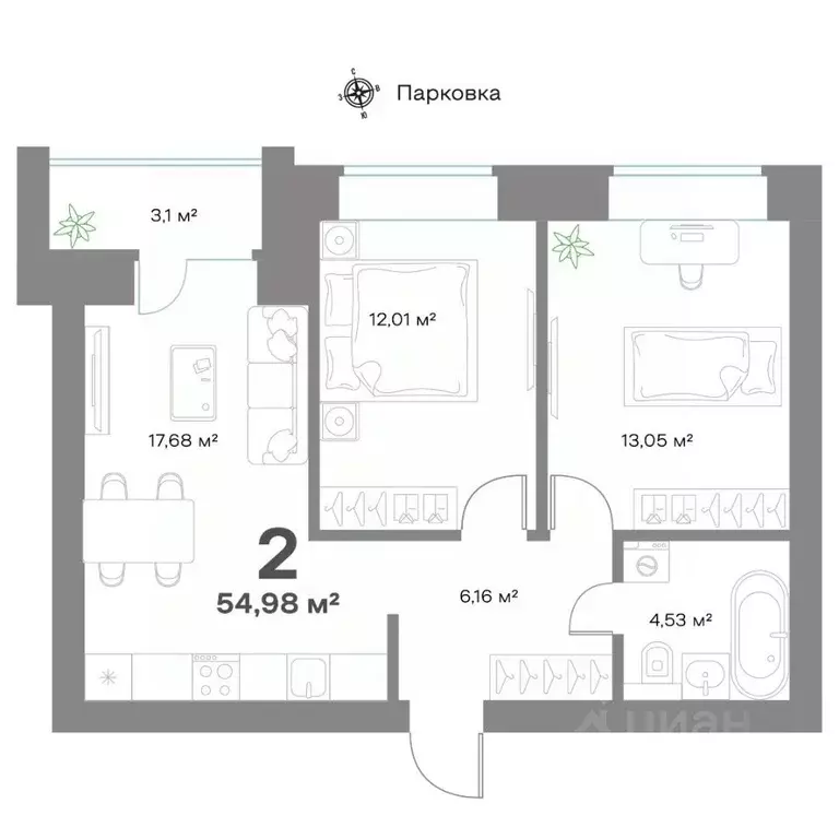 2-к кв. Нижегородская область, Выкса ул. Зуева, 1 (54.98 м) - Фото 1