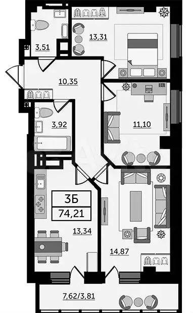 3-к. квартира, 74,2 м, 12/25 эт. - Фото 1