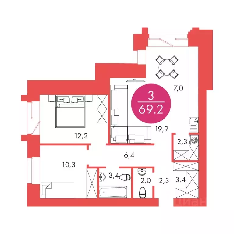 3-к кв. Красноярский край, Красноярск ул. Шахтеров, 33А (69.2 м) - Фото 0