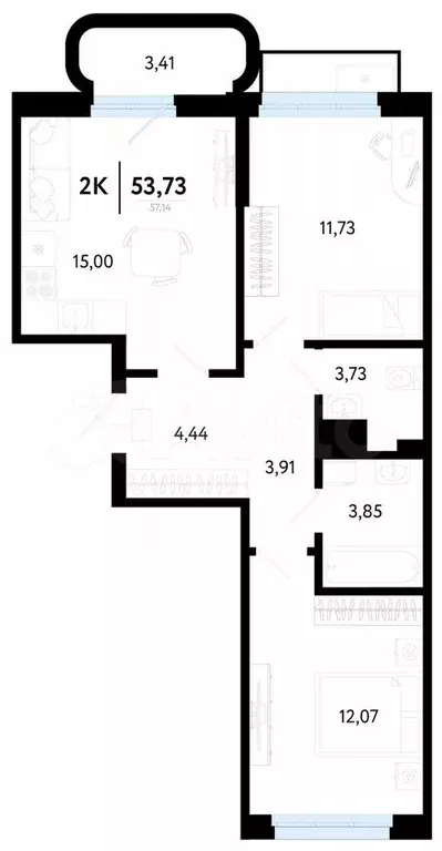 2-к. квартира, 53,7 м, 4/9 эт. - Фото 0