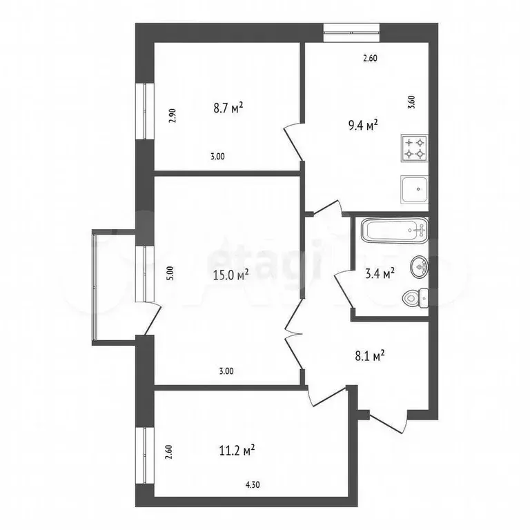 3-к. квартира, 56,7 м, 2/9 эт. - Фото 0