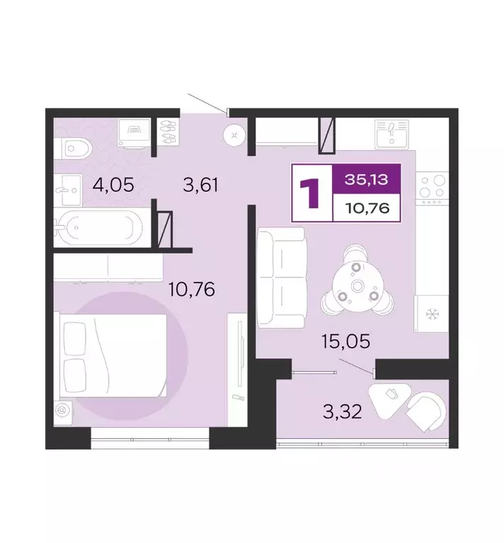 1-к кв. Брянская область, Брянск Медовый кв-л, поз6 (35.13 м) - Фото 1