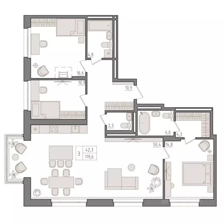 3-к кв. Башкортостан, Уфа 563-й кв-л,  (119.6 м) - Фото 1