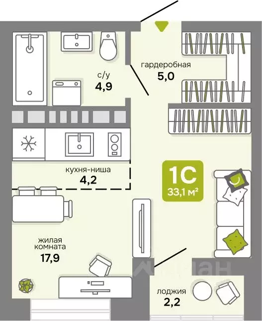 Студия Новосибирская область, Новосибирск 68-й кв-л,  (33.1 м) - Фото 0