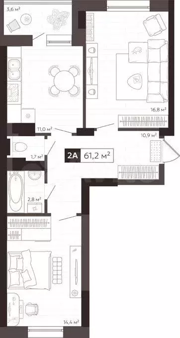 2-к. квартира, 59,4 м, 13/16 эт. - Фото 0