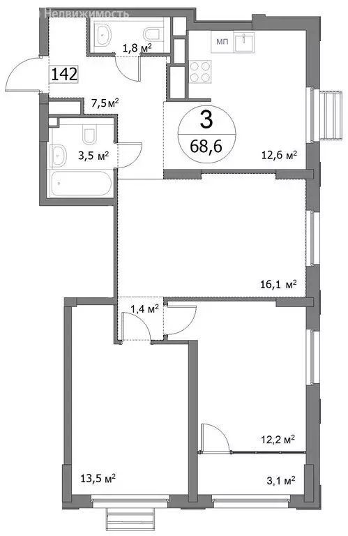 3-комнатная квартира: Нижний Новгород, улица Сергея Акимова, 50 (68.6 ... - Фото 1