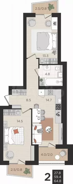 2-к. квартира, 59,4 м, 2/4 эт. - Фото 0