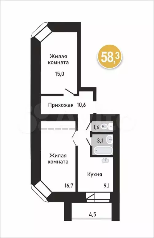 2-к. квартира, 58,1 м, 8/12 эт. - Фото 0