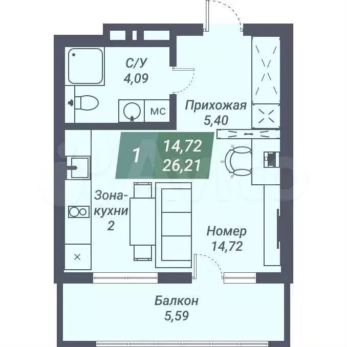 Апартаменты-студия, 26,2 м, 5/23 эт. - Фото 0