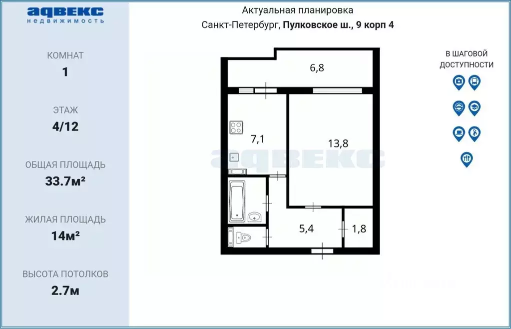 1-к кв. Санкт-Петербург Пулковское ш., 9К4 (33.7 м) - Фото 0