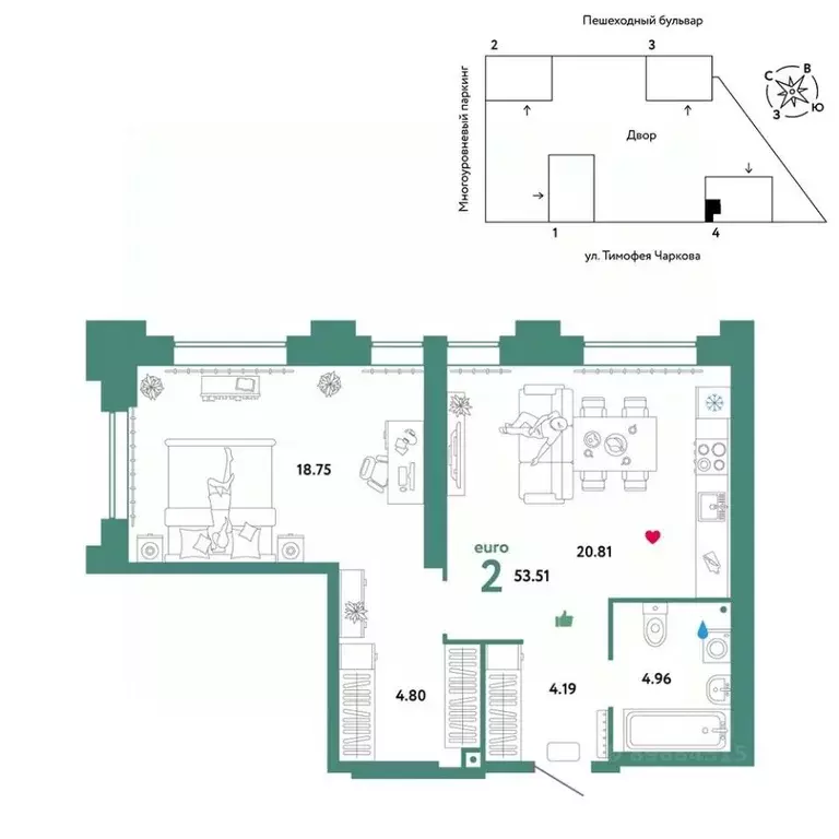 2-к кв. Тюменская область, Тюмень ул. Тимофея Чаркова, 93 (53.51 м) - Фото 0
