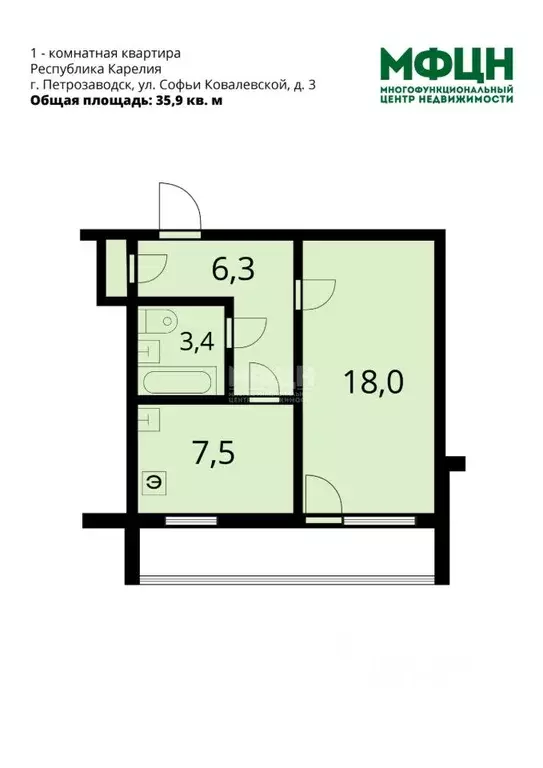 1-к кв. Карелия, Петрозаводск ул. Софьи Ковалевской, 3 (35.9 м) - Фото 2