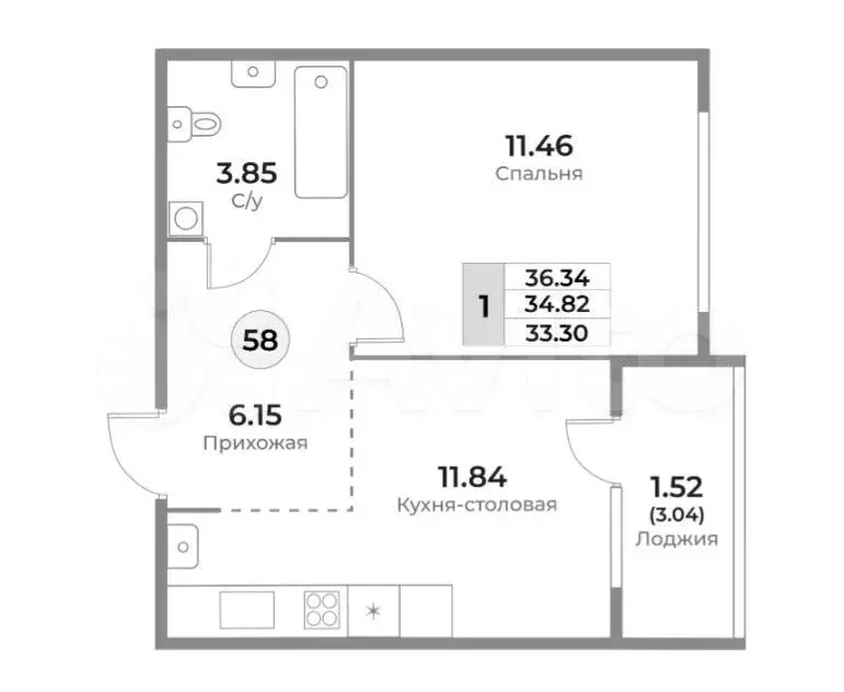 1-к. квартира, 34,8 м, 5/10 эт. - Фото 1