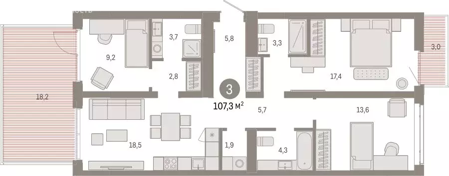 3-комнатная квартира: Тюмень, Ленинский округ (107.32 м) - Фото 1