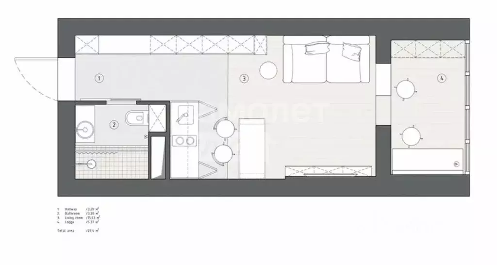 Студия Иркутская область, Иркутск Киренская ул., 55/1 (28.0 м) - Фото 2