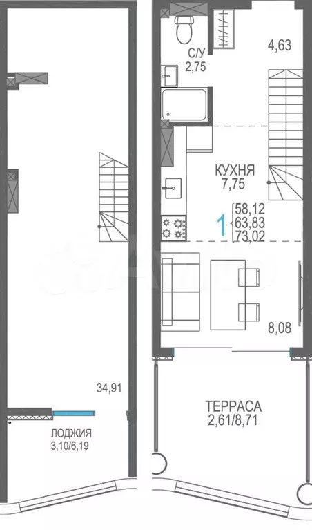 1-к. квартира, 63,8 м, 8/8 эт. - Фото 0