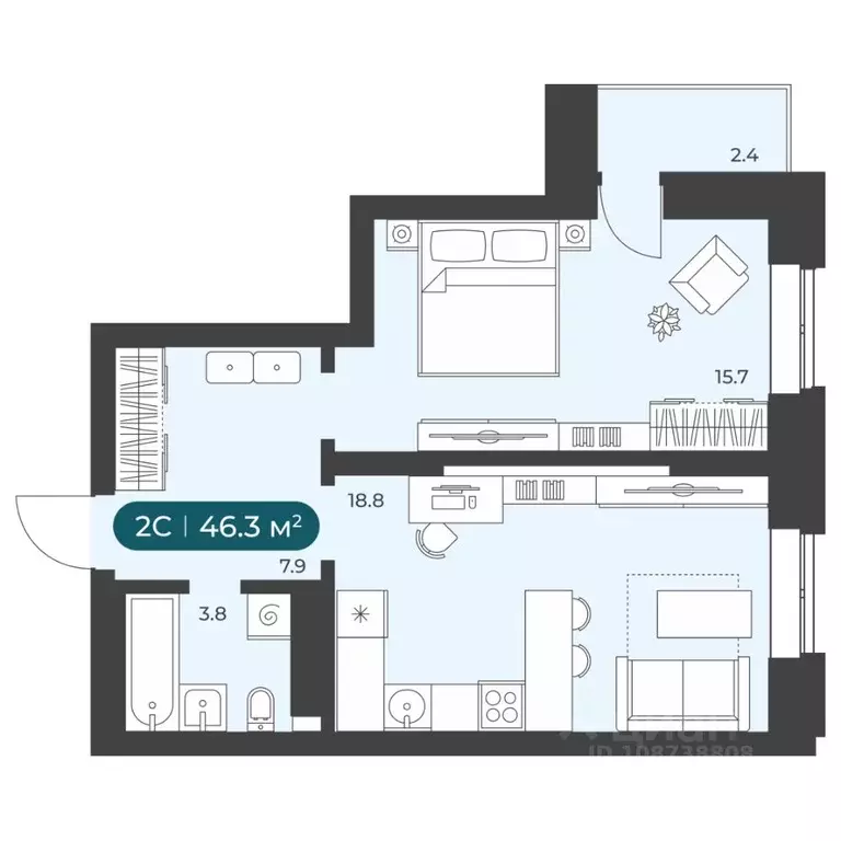 2-к кв. Новосибирская область, Новосибирск Приморская ул., 15с1 (46.3 ... - Фото 1