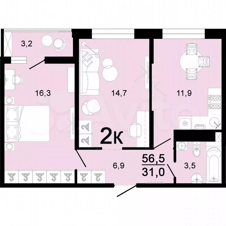 2-к. квартира, 56,5 м, 2/8 эт. - Фото 1