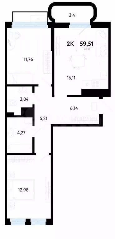 2-к. квартира, 59,5 м, 8/9 эт. - Фото 0
